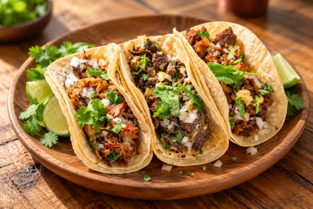 Los mismos tacos en un plato redondo de madera sobre una mesa rústica, vistos desde un ángulo de tres cuartos con luz cálida de ventana